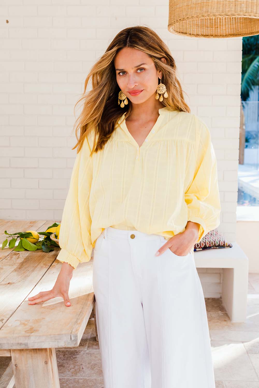 Model Ilona wearing size 10 of the Easy Like A Sunday Morning Blouse in colour Buttermilk, from the front, showing the whole outfit