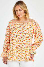Model Jess wearing size 14 of the Picnic In The Fields Off Shoulder Blouse in colour Poppy (White), from the front, cropped image