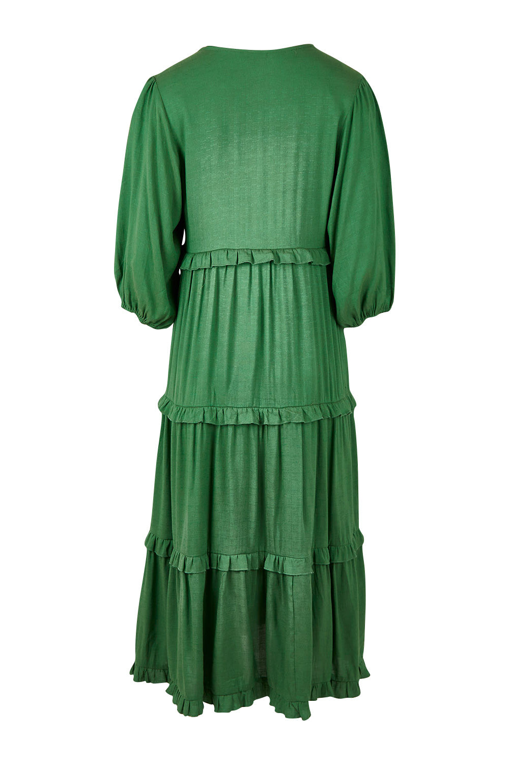 Product shot of the Tiers Of Laughter Maxi Dress in colour Emerald (Green), from the back