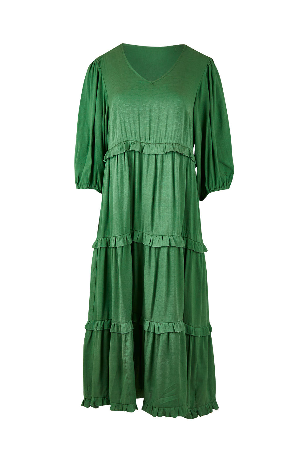 Product shot of the Tiers Of Laughter Maxi Dress in colour Emerald (Green), from the front