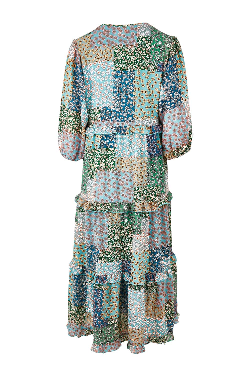 Product shot of the Tiers Of Laughter Maxi Dress in colour Bluepatch (Blue), from the back