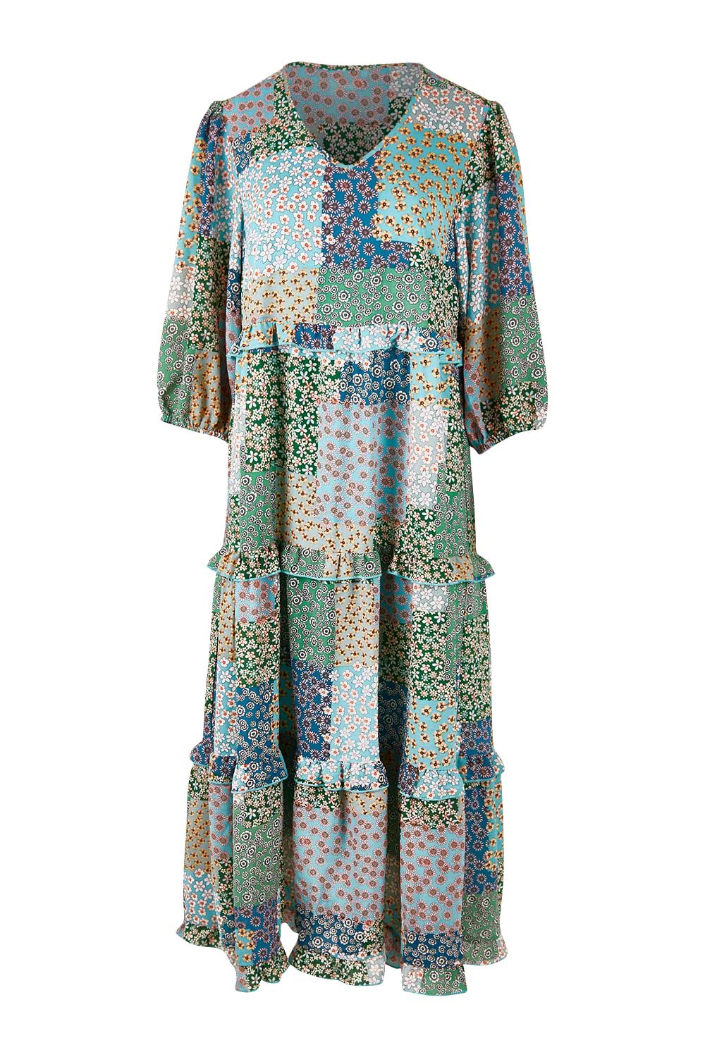 Product shot of the Tiers Of Laughter Maxi Dress in colour Bluepatch (Blue), from the front