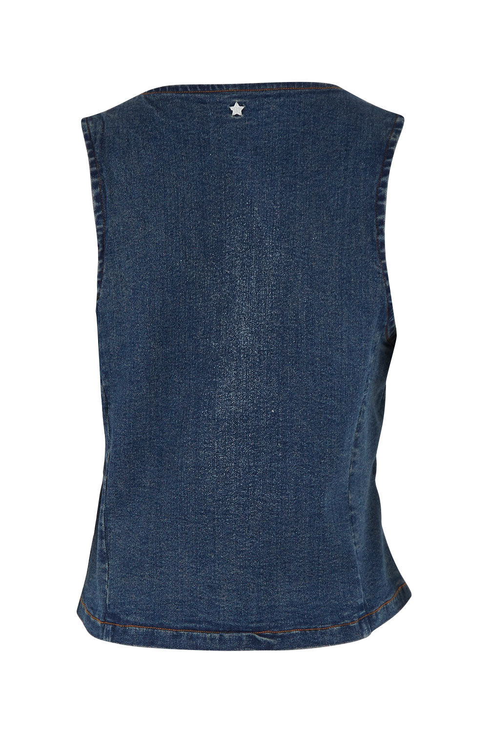Product shot of the Fine and Dandy Denim Vest in colour Darkdenim (Blue), from the back