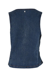 Product shot of the Fine and Dandy Denim Vest in colour Darkdenim (Blue), from the back