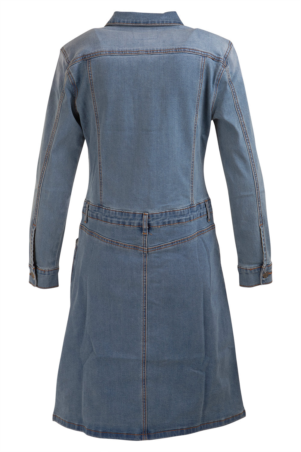 Product shot of the Calamity Denim Dress in colour Denim (Blue), from the back