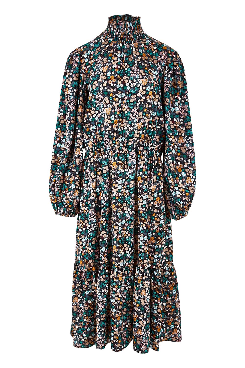 Product shot of the Teatime And Flowers Dress in colour Blackfleur (Black), from the front