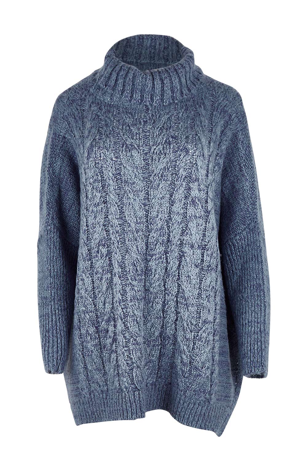 Product shot of the Cool Breeze Cable Sweater in colour Denim (Blue), from the front