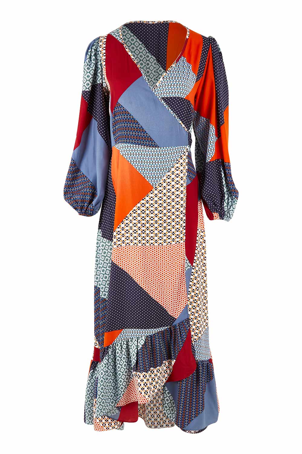 Product shot of the La Dolce Vita Print Wrap Dress in colour Geoblue (Blue), from the front