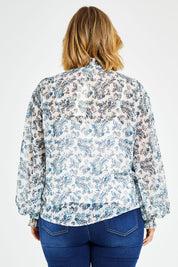 Model Jess wearing size 14 of the Paisley Lady Blouse in colour Whtpaisley (White), from the back