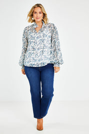 Model Jess wearing size 14 of the Paisley Lady Blouse in colour Whtpaisley (White), from the front, showing the whole outfit
