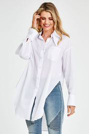 Model Kelly wearing size 10 of the Sharp Shooting Dress Shirt in colour White (White), from the front, cropped image