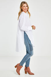 Model Kelly wearing size 10 of the Sharp Shooting Dress Shirt in colour White (White), from the front, showing the whole outfit