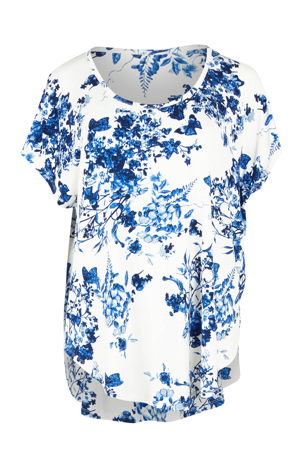 Product shot of the Falling Flowers Tee in colour Bluewhite (Blue), from the front