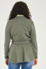 Model Noli wearing size 14 of the Femme Fatale Ponte Jacket in colour Moss (Green), from the back