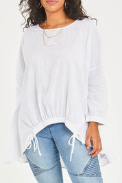 Model Noli wearing size 14 of the Good Times Gather Top in colour Offwhite (White), from the front, cropped image