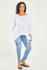 Model Noli wearing size 14 of the Good Times Gather Top in colour Offwhite (White), from the front, showing the whole outfit