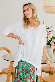 Model Tegan wearing size 10 of the Good Times Gather Top in colour Offwhite (White), from the front, showing the whole outfit
