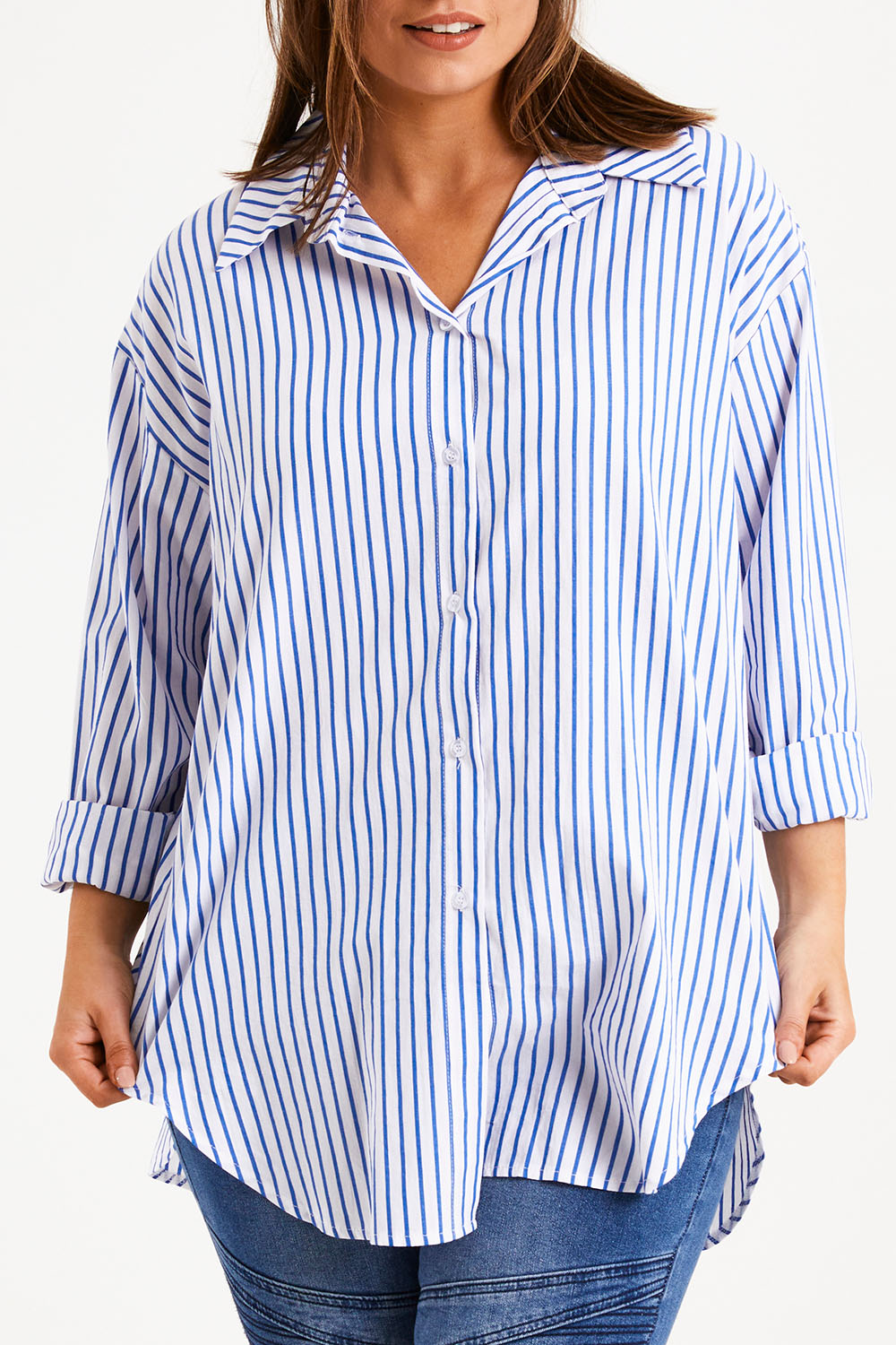 Model Monique wearing size 14 of the Relaxed Elegance Boyfriend Shirt in colour Bluestripe (Blue), from the front, cropped image