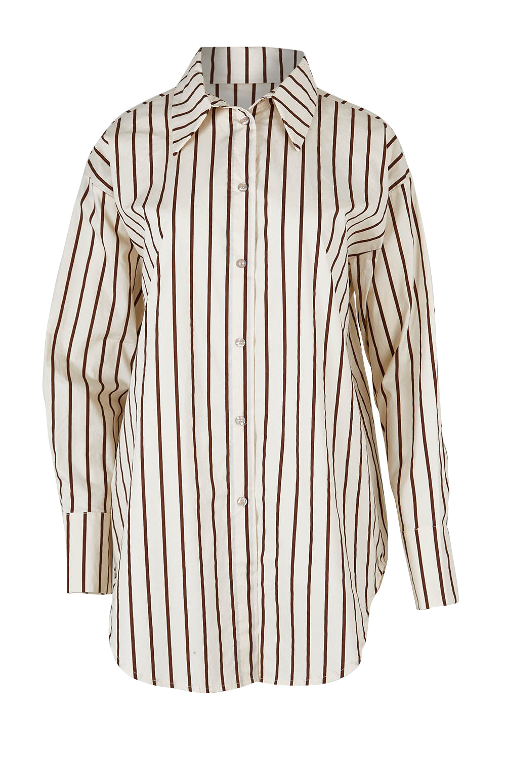 Product shot of the Relaxed Elegance Boyfriend Shirt in colour Chocstripe, from the front