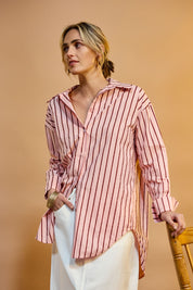 Model Tegan wearing size 10 of the Relaxed Elegance Boyfriend Shirt in colour Pinkstripe (Pink), from the front, showing the whole outfit