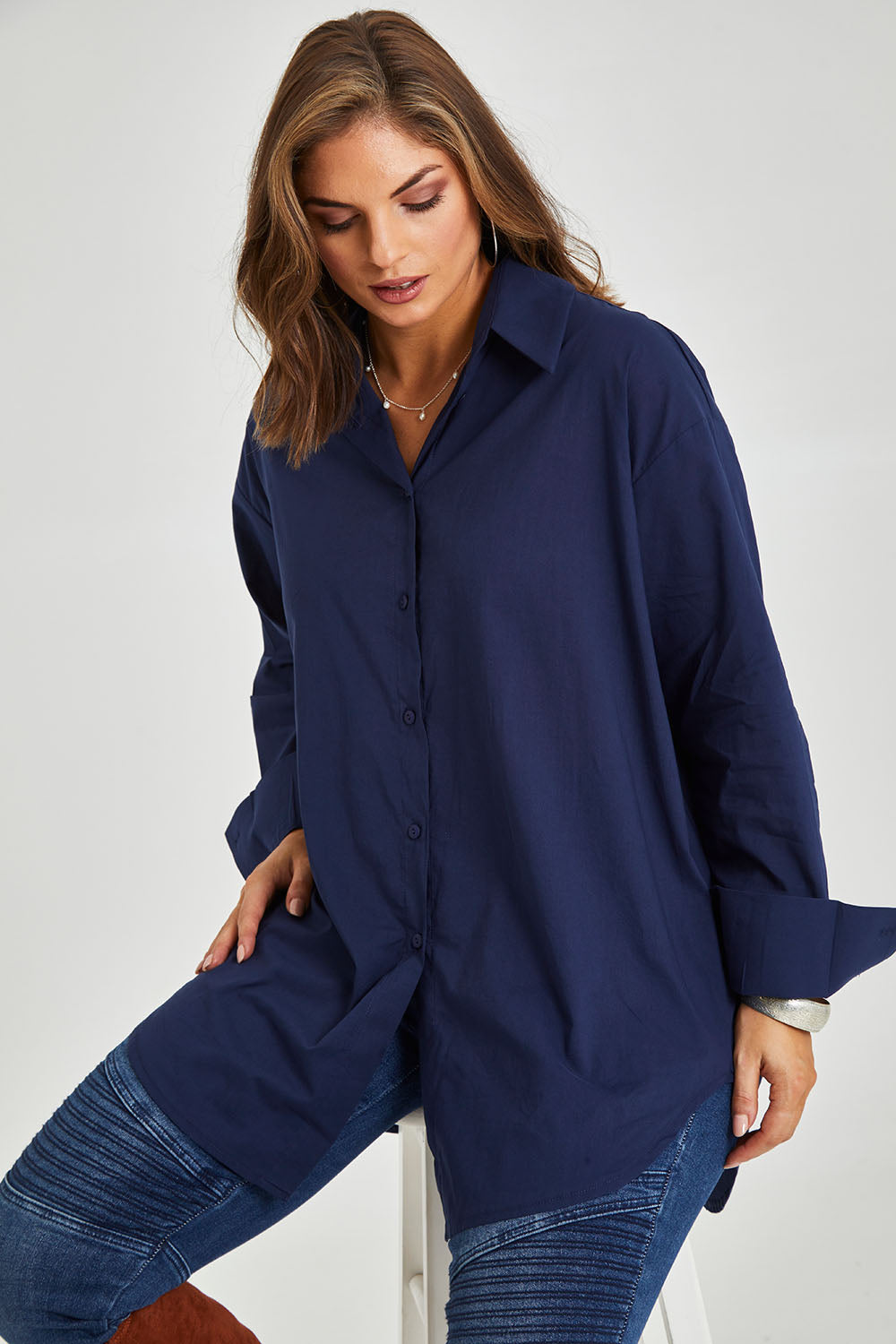 Model Monique wearing size 14 of the Relaxed Elegance Boyfriend Shirt in colour Inknavy (Blue), from the front, cropped image