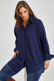 Model Monique wearing size 14 of the Relaxed Elegance Boyfriend Shirt in colour Inknavy (Blue), from the front, cropped image