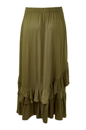 Product shot of the Day To Night Flounce Skirt in colour Khaki (Green), from the back