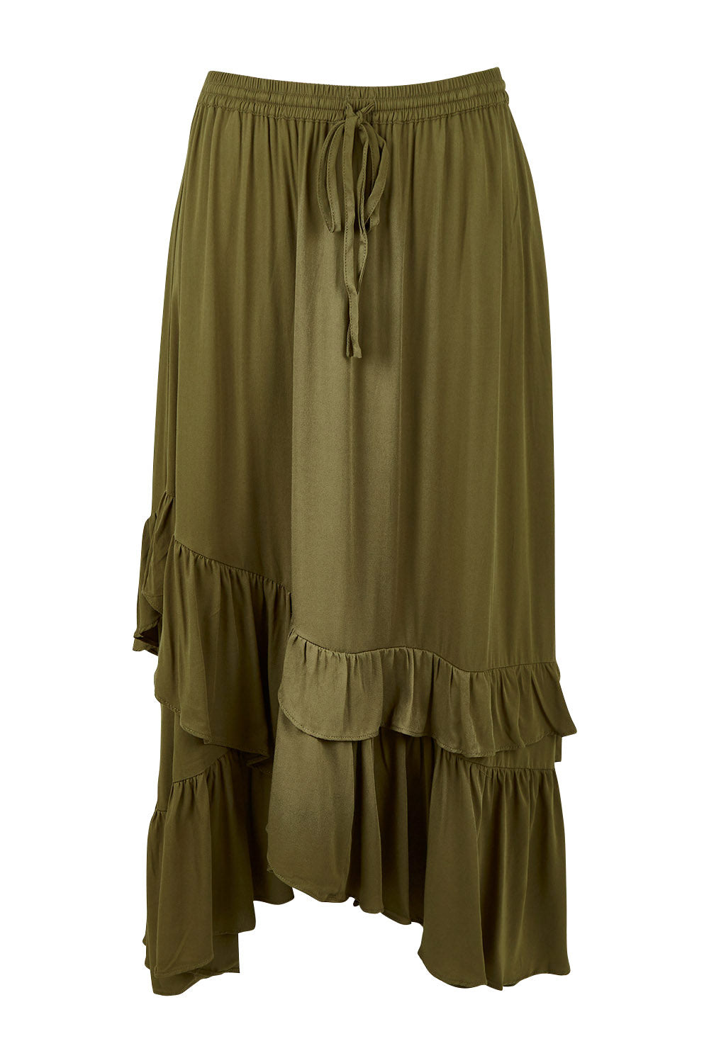 Product shot of the Day To Night Flounce Skirt in colour Khaki (Green), from the front