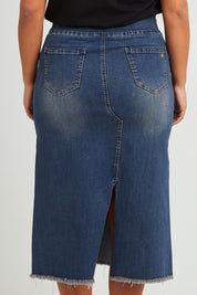 Model Monique wearing size 14 of the Easy As Pull On Denim Skirt in colour Darkdenim (Blue), from the back