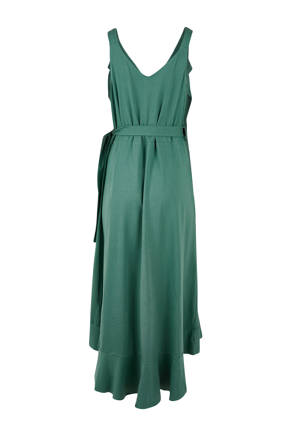 Product shot of the Preloved Thats A Wrap Mercerised Cotton Dress in colour Fern (Green), from the back