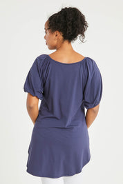Model Noli wearing size 14 of the Sweet Melody Bamboo Tee in colour Navy (Blue), from the back