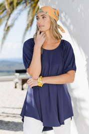 Model Tegan wearing size 10 of the Sweet Melody Bamboo Tee in colour Navy (Blue), from the front, showing the whole outfit