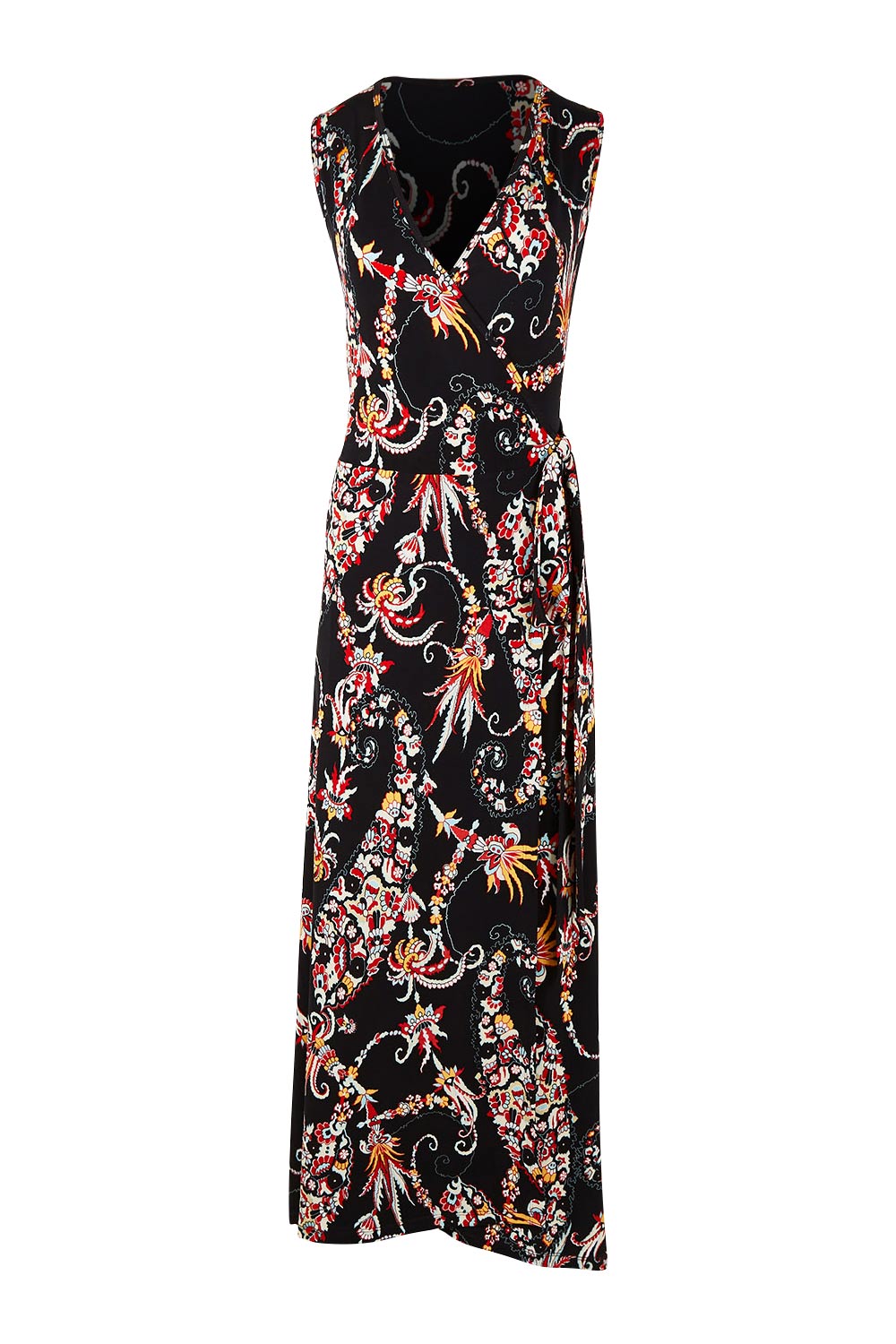 Product shot of the Life Is Beautiful Sleeveless Wrap Maxi in colour Blkpaisley (Black), from the front