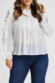 Model Laura wearing size 14 of the Ruffled Feathers Blouse in colour White (White), from the front, cropped image