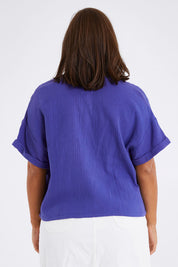 Model Monique wearing size 14 of the Every Other Day Cotton Blouse in colour Blue (Blue), from the back