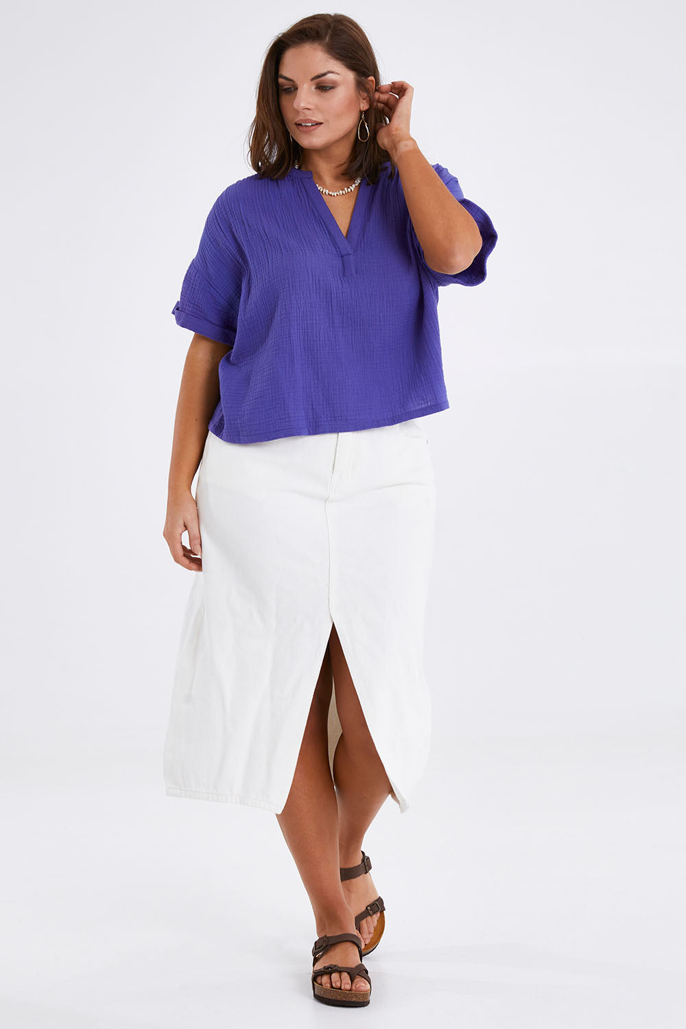Model Monique wearing size 14 of the Every Other Day Cotton Blouse in colour Blue (Blue), from the front, showing the whole outfit