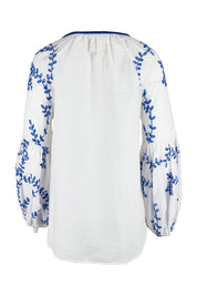 Product shot of the Feel My Vibe Embroidered Blouse in colour Whiteblue (White), from the back