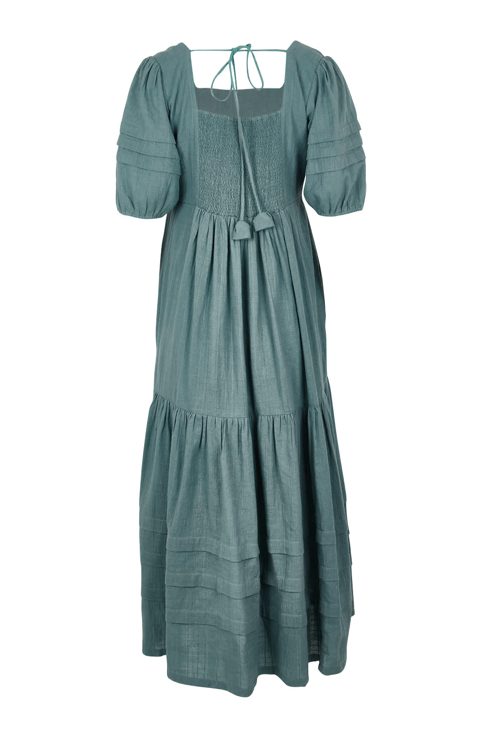 Product shot of the Chasing Butterflies Cotton Dress in colour Sage (Green), from the back