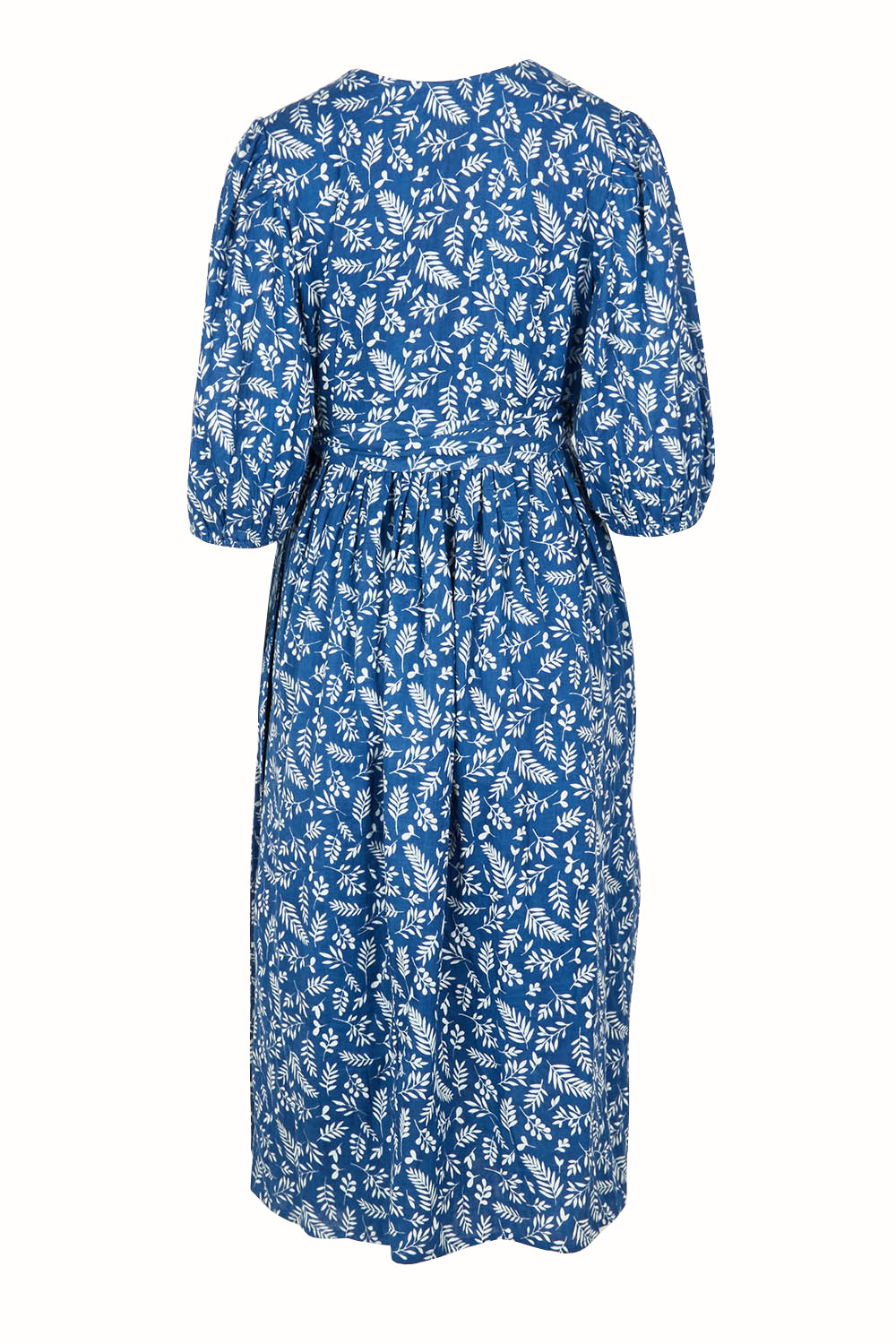 Product shot of the In The Morning Light Wrap Dress in colour Blueleaf (Blue), from the back