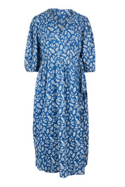Product shot of the In The Morning Light Wrap Dress in colour Blueleaf (Blue), from the front
