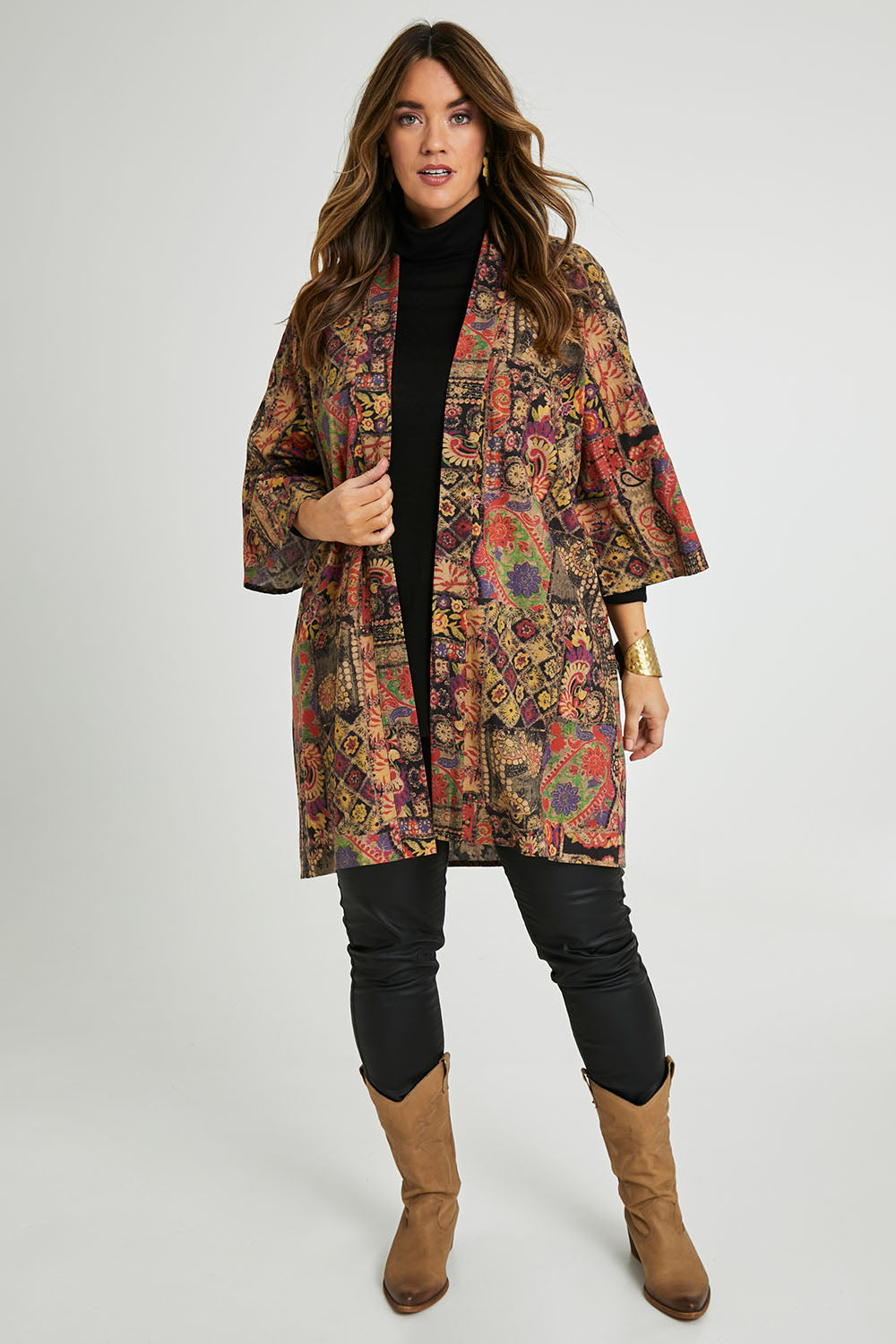 Model Laura wearing size 14 of the You Colour My World Long Kimono in colour Patchprint (Black), from the front, showing the whole outfit
