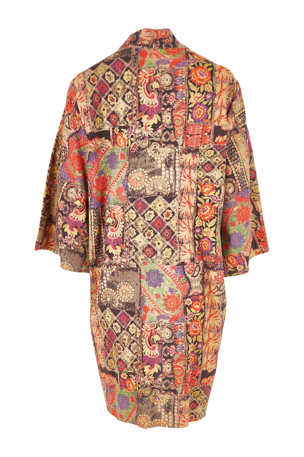 Product shot of the You Colour My World Long Kimono in colour Patchprint (Black), from the back