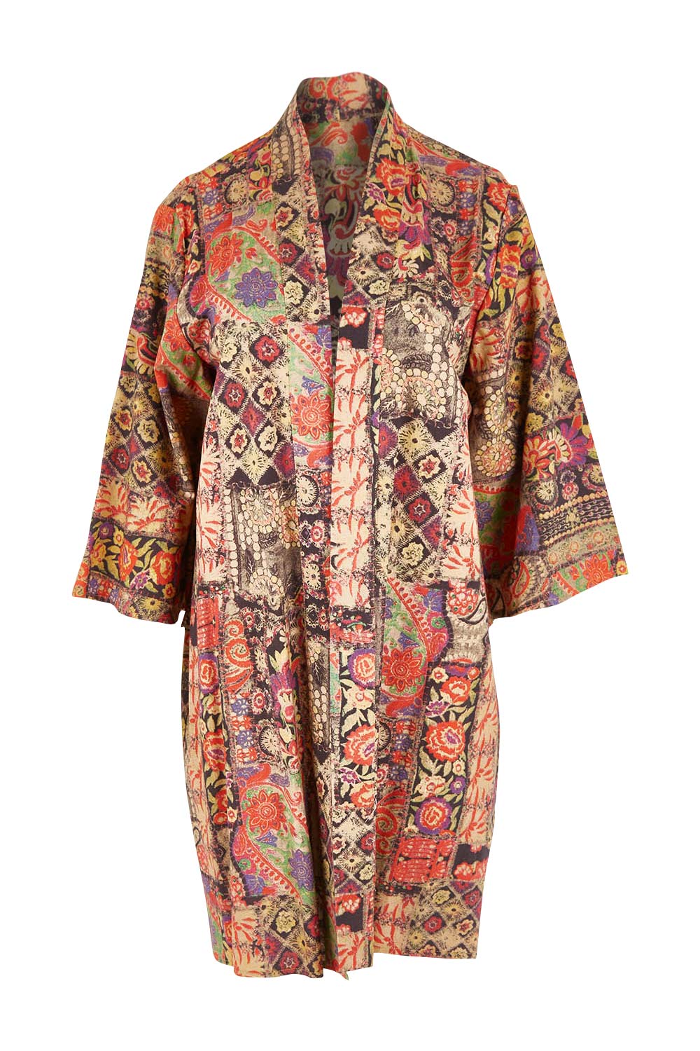 Product shot of the You Colour My World Long Kimono in colour Patchprint (Black), from the front