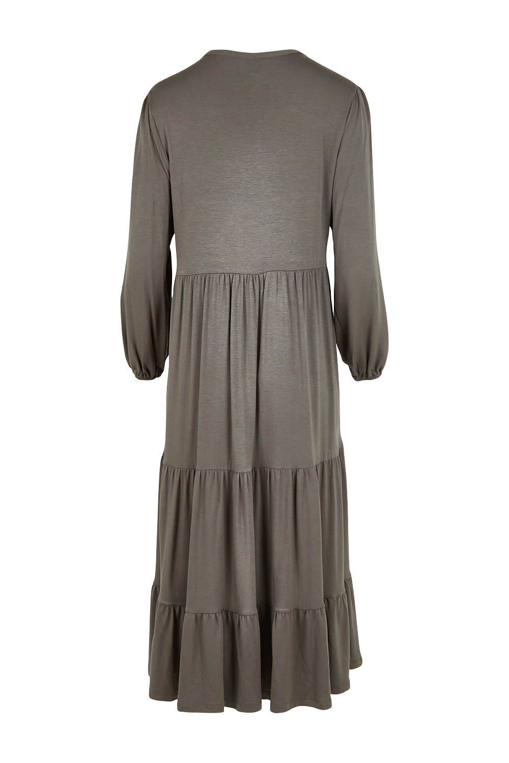 Product shot of the Tiered Delight Bamboo Dress in colour Combat (Green), from the back