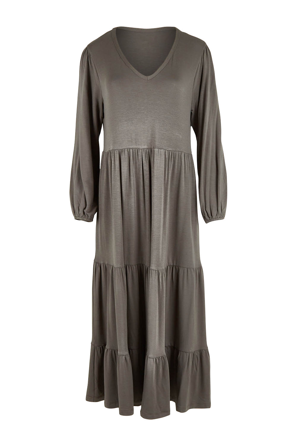 Product shot of the Tiered Delight Bamboo Dress in colour Combat (Green), from the front