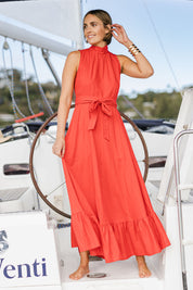 Model Tegan wearing size 10 of the La Dolce Vita Back Wrap Maxi in colour Red (Red), from the front, showing the whole outfit