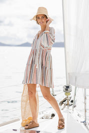 Model Tegan wearing size 10 of the Easy Day Yarn Dyed Cotton Dress in colour Stripe (White), from the front, showing the whole outfit