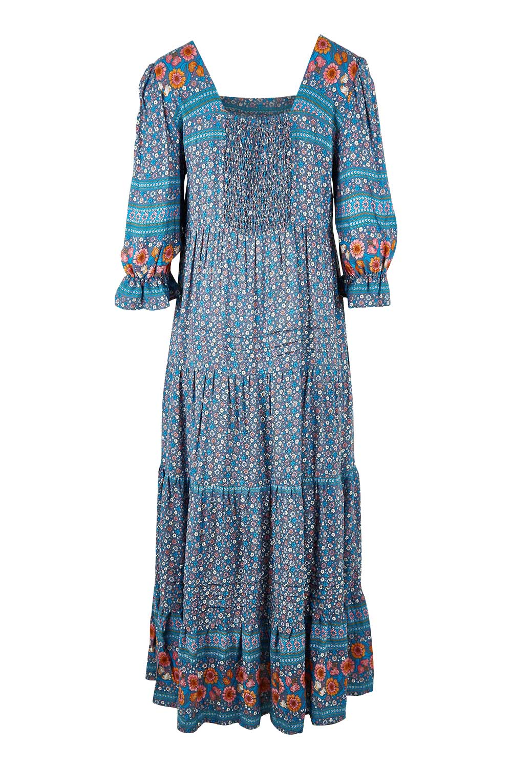 Product shot of the Paradise Found Maxi Dress in colour Denimfleur (Blue), from the back