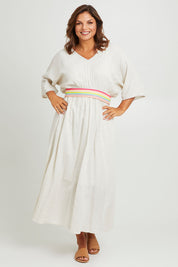 Model Monique wearing size 14 of the Daydream Cotton Kaftan Dress in colour Wheat, from the front, showing the whole outfit