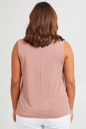 Model Monique wearing size 14 of the Bamboo Delight Tank in colour Mumbai, from the back